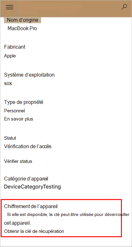 Capture d’écran de Portail d'entreprise site web, mettant en évidence la section Obtenir la clé de récupération.