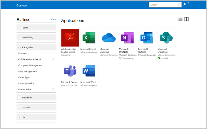 Capture d’écran de Portail d'entreprise site web, page Applications, montrant les options d’affinement.