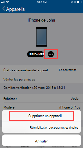 Capture d’écran de l’écran Appareils de l’application Portail d'entreprise, montrant les options après que l’utilisateur a cliqué sur Supprimer. Affiche le bouton « Supprimer l’appareil », le bouton « Réinitialisation aux paramètres d’usine » et le bouton « Annuler ».