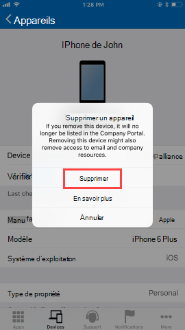 Capture d’écran de l’écran Appareils de l’application Portail d'entreprise, montrant les options après que l’utilisateur a cliqué sur le bouton Supprimer l’appareil. Affiche le bouton « Supprimer » en surbrillance rouge, le bouton « En savoir plus » et le bouton « Annuler » en surbrillance en bleu.