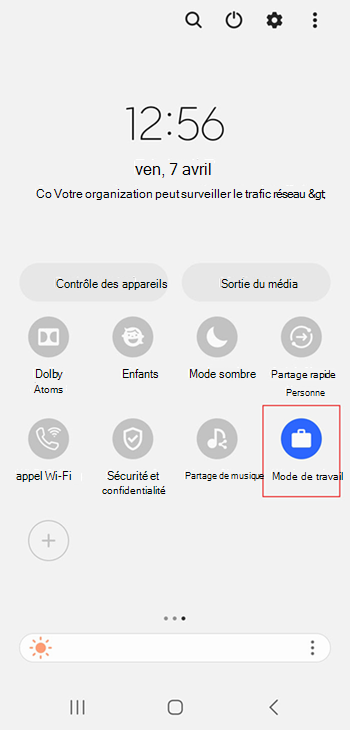 Capture d’écran de l’icône de profil professionnel activée dans les paramètres rapides du Samsung Galaxy S20.