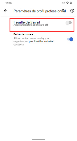 Capture d’écran du bouton bascule profil professionnel désactivé dans les paramètres de l’appareil Google Pixel 4.