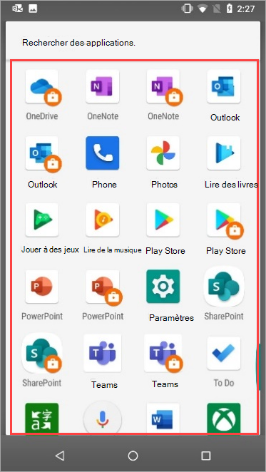 Capture d’écran des applications professionnelles et des applications personnelles dans le tiroir de l’application Nexus 5X.