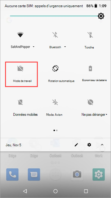 Capture d’écran de l’icône du mode de travail inactif dans les paramètres rapides nexus 5X.