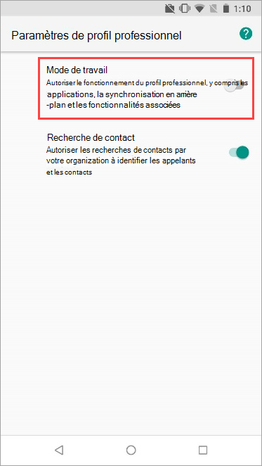 Capture d’écran du bouton bascule profil professionnel activé dans les paramètres de l’appareil Nexus 5X.