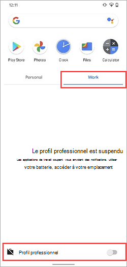 Capture d’écran du bouton bascule Profil professionnel désactivé dans le tiroir d’application de l’appareil Samsung Galaxy S20.