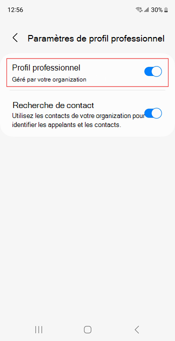 Capture d’écran du bouton bascule profil professionnel activé dans les paramètres de l’appareil Samsung Galaxy S20.