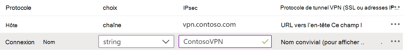 Exemples de protocole, de nom de connexion et de nom d’hôte dans une stratégie de configuration d’application VPN dans Microsoft Intune à l’aide du Designer de configuration