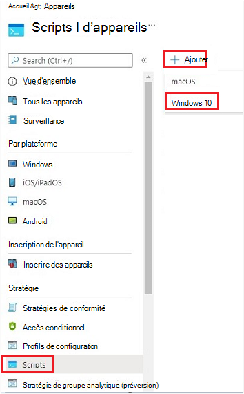 Capture d’écran montrant la création d’un script pour un appareil Windows 10.