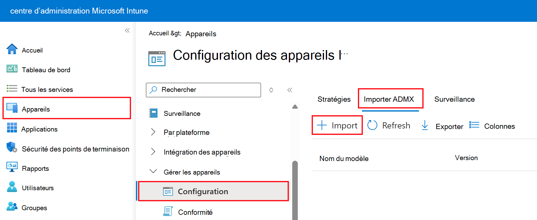 Capture d’écran montrant comment ajouter ou importer des ADMX et ADML personnalisés. Accédez à Appareils > Profils > de configuration Importer ADMX dans Microsoft Intune et Intune centre d’administration.