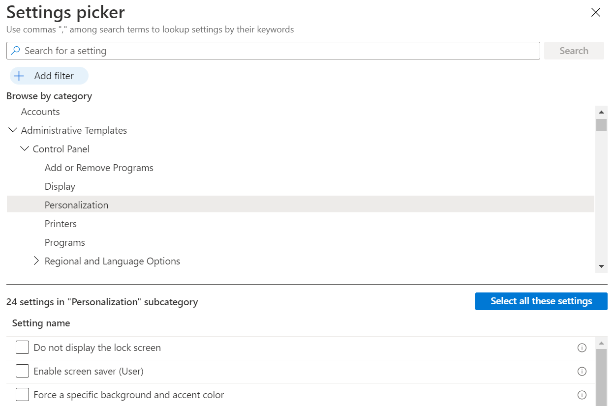 Capture d’écran montrant comment développer des modèles d’administration dans une stratégie de catalogue de paramètres dans Microsoft Intune.