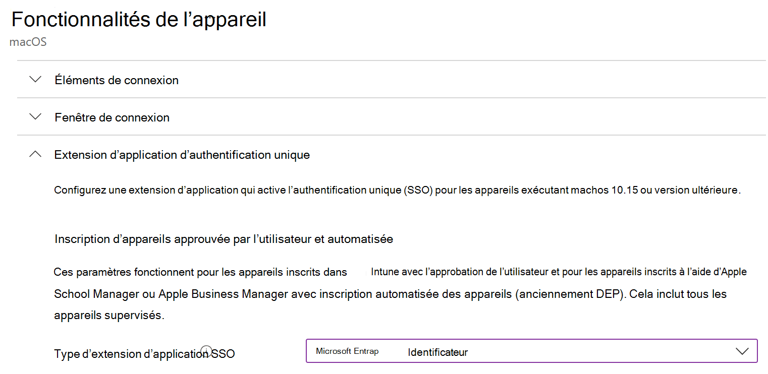 Capture d’écran montrant le type d’extension d’application SSO et l’ID Microsoft Entra pour macOS dans Intune