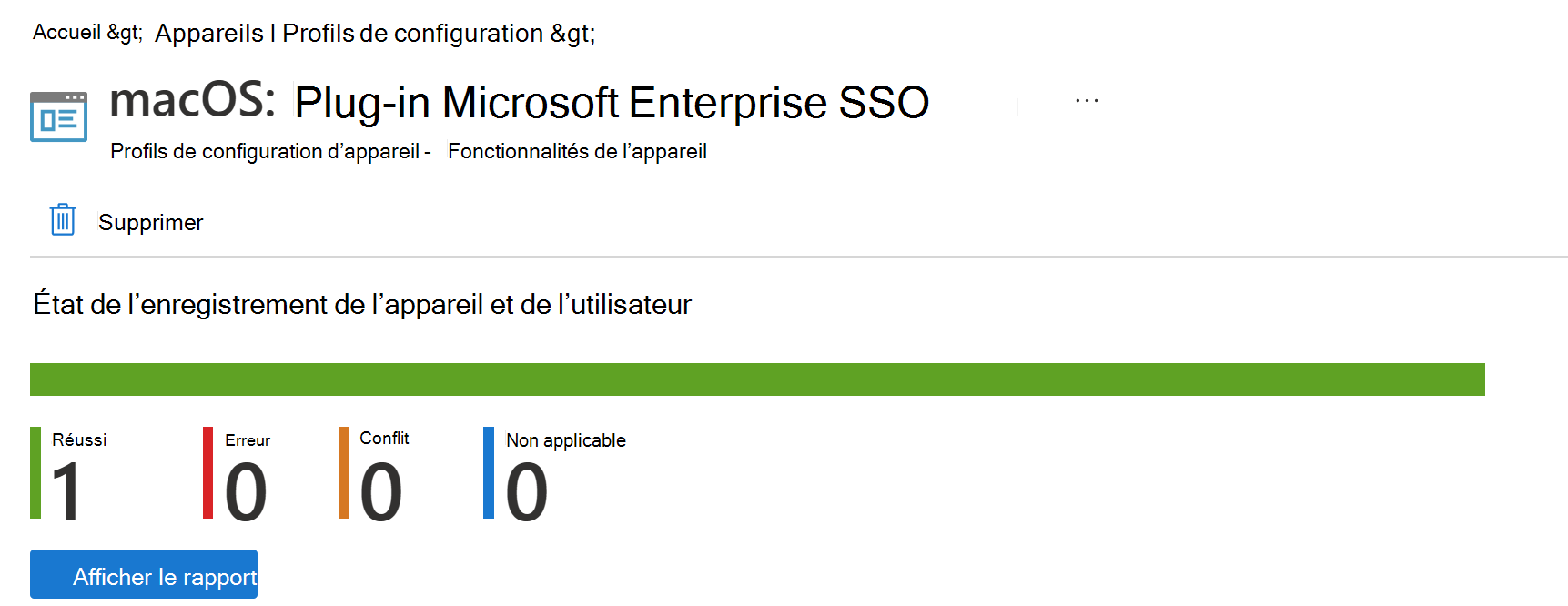 Capture d’écran montrant le rapport de déploiement du profil de configuration d’appareil macOS dans Microsoft Intune.