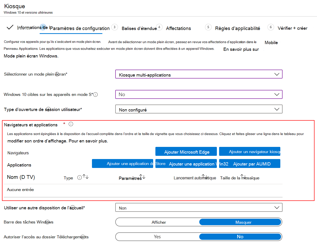 Ajouter des navigateurs ou des applications au profil kiosque multi-applications dans Microsoft Intune.