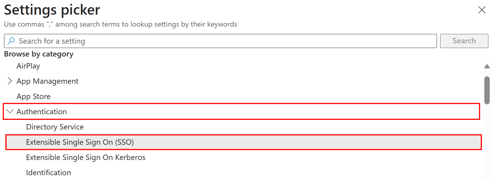 Capture d’écran montrant le sélecteur paramètres du catalogue paramètres et la sélection de la catégorie d’authentification et d’authentification unique extensible dans Microsoft Intune.