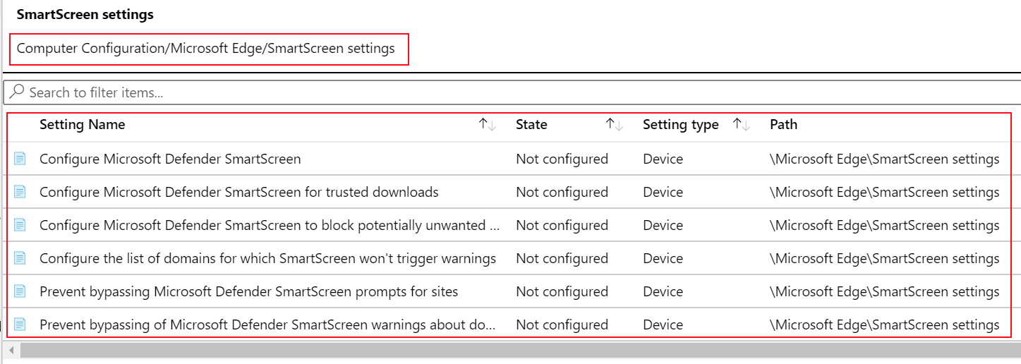 Capture d’écran montrant comment afficher les paramètres de stratégie Microsoft Edge SmartScreen dans les modèles ADMX dans Microsoft Intune.