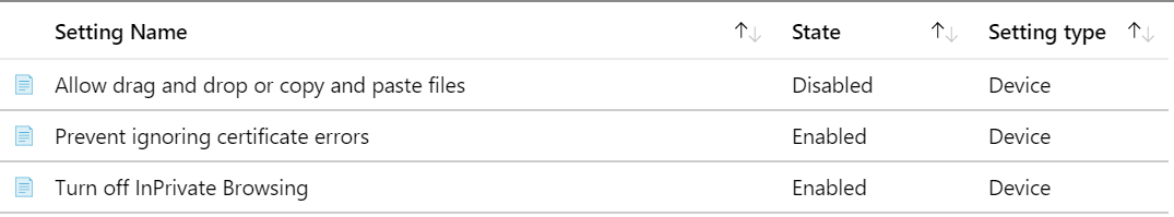 Capture d’écran montrant les paramètres ADMX configurés répertoriés en haut dans Microsoft Intune.