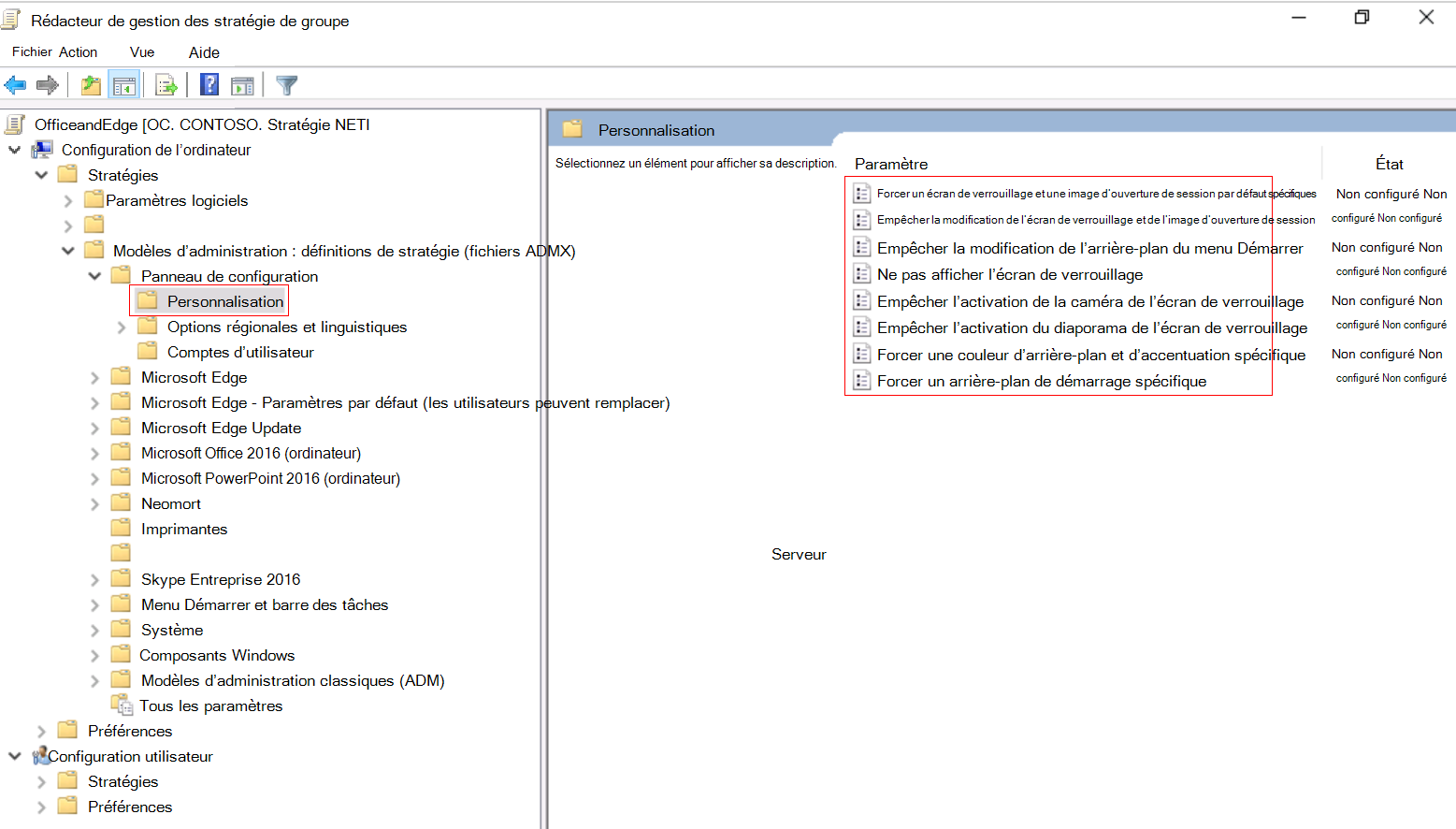 Capture d’écran montrant comment développer Configuration de l’ordinateur dans le Rédacteur de gestion des stratégie de groupe locaux, puis accéder à Personnalisation.