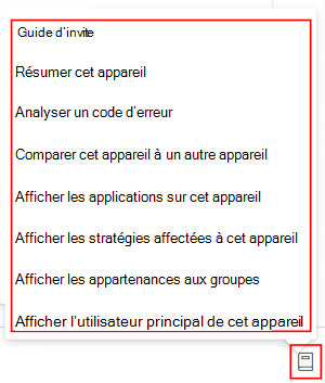 Capture d’écran montrant le guide d’invite Copilot après avoir sélectionné un appareil dans Microsoft Intune ou Intune centre d’administration.