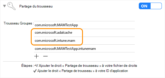 SDK d’application Intune iOS : partage keychain