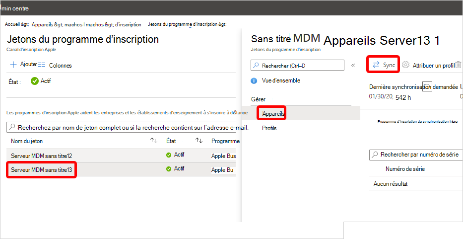 Capture d’écran de la zone jeton du programme d’inscription dans le centre d’administration, mettant en évidence l’exemple de jeton, le lien « Appareils » et le bouton « Synchroniser ».