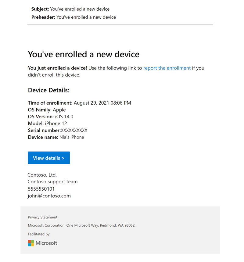 Exemple d’image d’une notification d’inscription configurée dans Intune, informant le destinataire qu’un appareil nommé *iPhone de Nia » a été inscrit et inclut des éléments HTML tels que la police en gras et un lien hypertexte, les détails de l’appareil, les informations de contact et la déclaration de confidentialité.