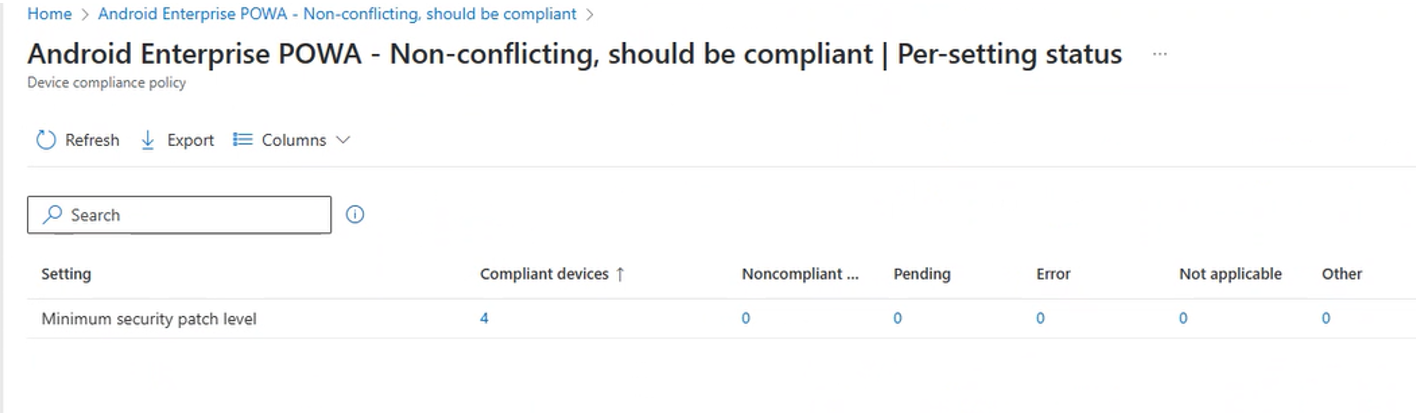 Capture d’écran montrant le rapport détaillé par paramètre status, après avoir sélectionné le bouton Afficher le rapport dans le Centre d’administration Intune.