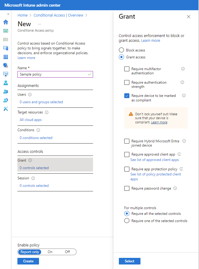 Capture d’écran de l’aire de configuration et des options d’octroi