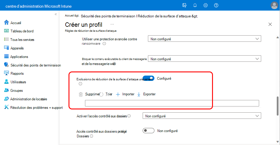 Capture d’écran du paramètre Exclusions de réduction de la surface d’attaque uniquement.