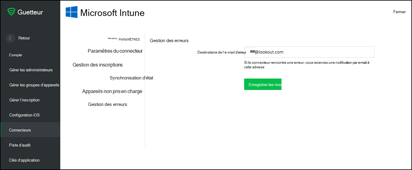 capture d’écran de la page Gestion des erreurs du connecteur Intune