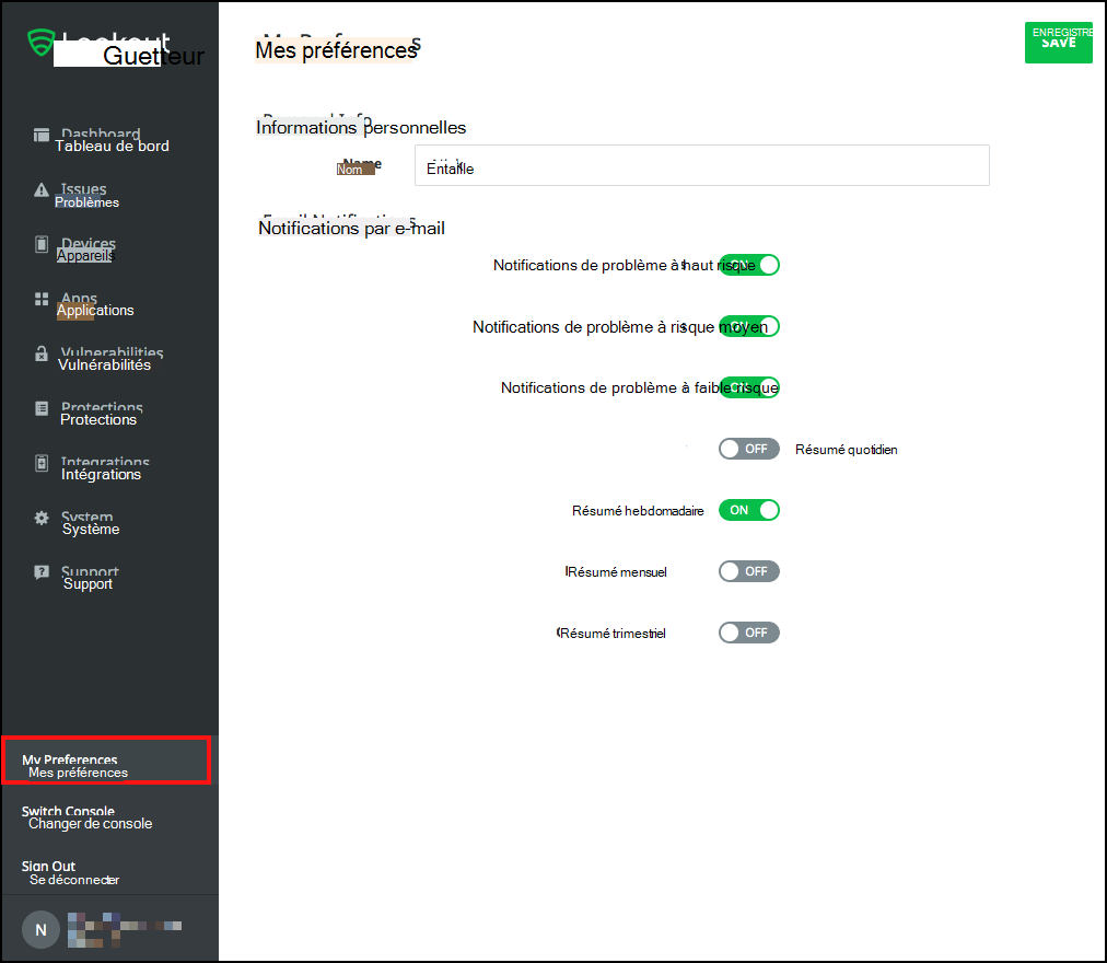 capture d’écran de la page Préférences avec compte d’utilisateur affiché