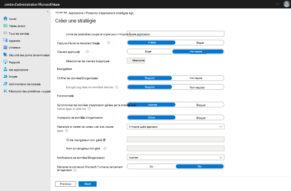 Capture d’écran de la configuration d’un paramètre de stratégie de protection des applications pour l’utilisation de Tunnel lors du lancement de l’application.