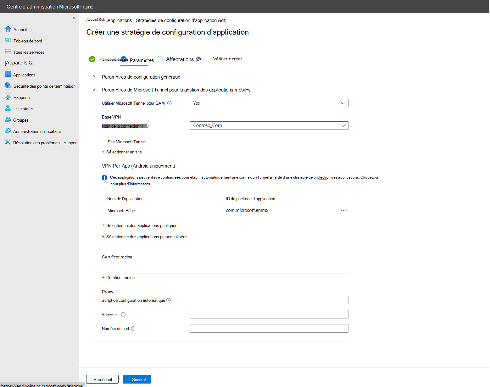 Capture d’écran de la configuration par application avec Microsoft Edge ajouté.