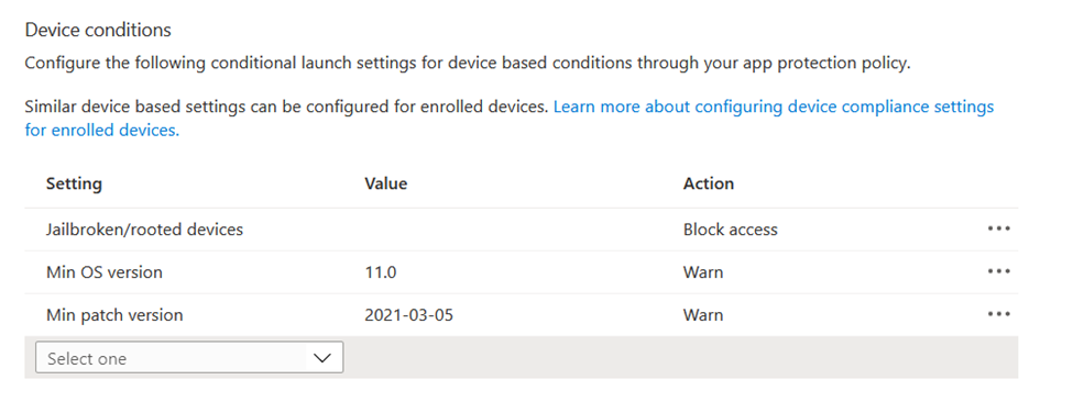 Capture d’écran montrant les conditions basées sur l’appareil dans une stratégie de protection des applications dans le centre d’administration Microsoft Intune.