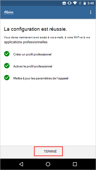 Capture d’écran de l’écran Configuration de l’accès à l’entreprise de Portail d'entreprise, montrant l’installation terminée et le bouton Terminé mis en surbrillance.