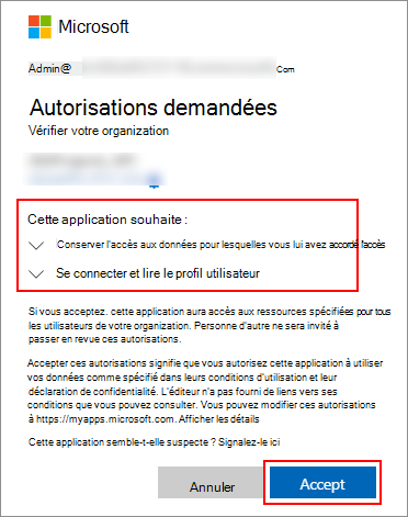 Capture d’écran montrant la boîte de dialogue qui accepte le consentement pour les autorisations demandées par une application.