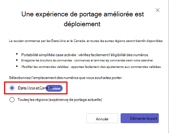 Capture d’écran montrant l’Assistant Port du numéro du centre d’administration Teams pour les États-Unis et le Canada.