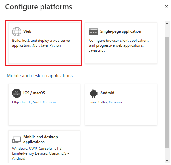 Capture d’écran montrant la sélection de la plateforme web.