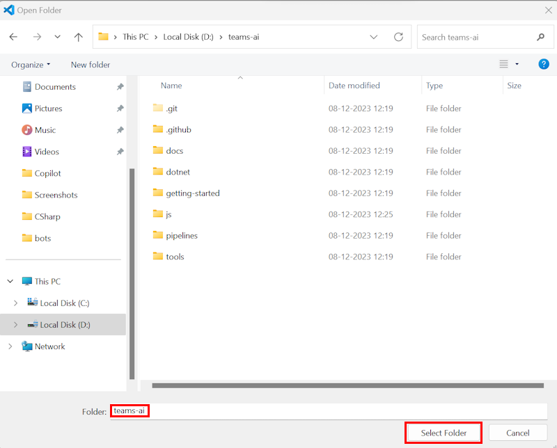 Capture d’écran montrant le dossier teams-ai et l’option Sélectionner un dossier.