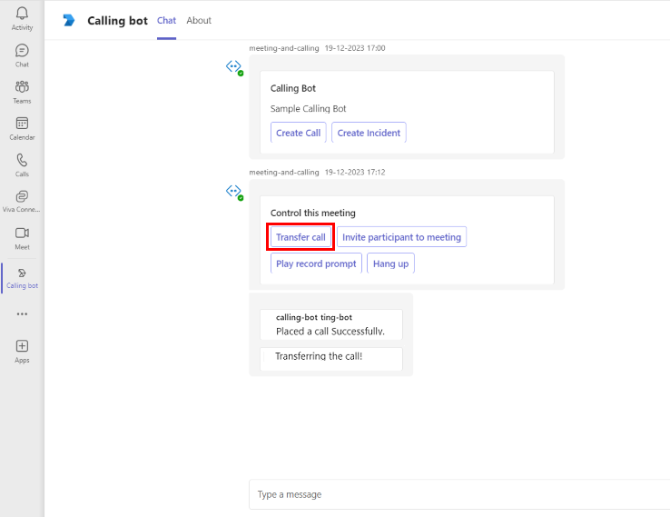 Capture d’écran du bot d’appel Microsoft Teams avec transfert d’appel mis en évidence en rouge.