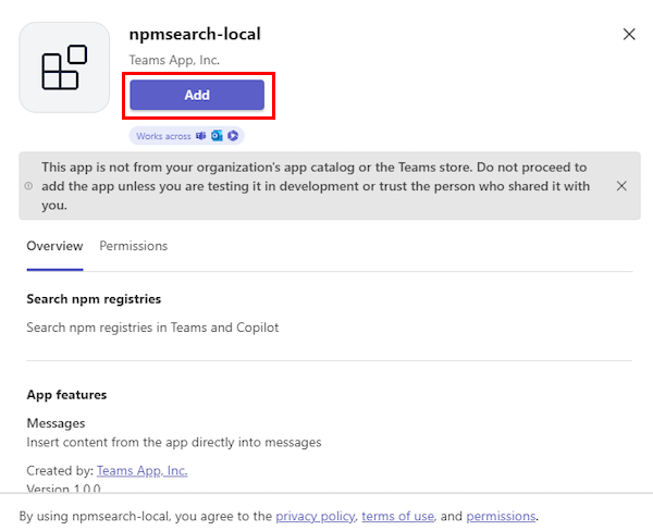 Capture d’écran montrant un exemple de l’option Ajouter pour ajouter l’application locale de l’agent Contoso à Teams.