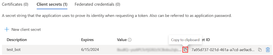 Capture d’écran montrant l’option permettant de copier la valeur de l’ID de clé secrète client pour copier la valeur dans le Presse-papiers.