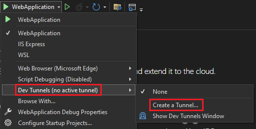 Capture d’écran montrant la liste déroulante pour sélectionner le tunnels dev.