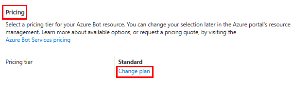 Capture d’écran montrant l’option de tarification dans Portail Azure.