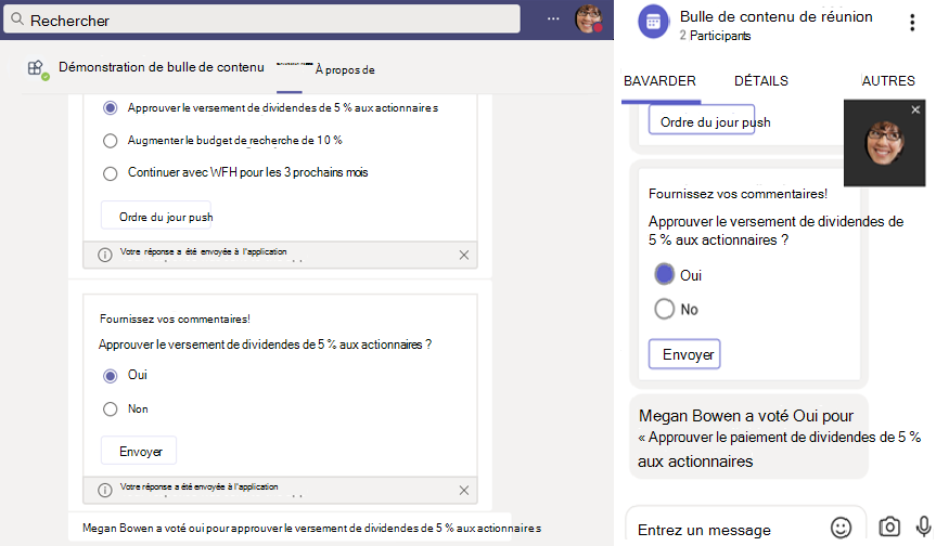 Capture d’écran montrant la sortie finale de la notification en réunion.