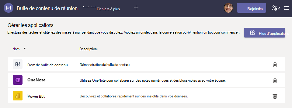 Capture d’écran montrant la section montrant la liste des applications.