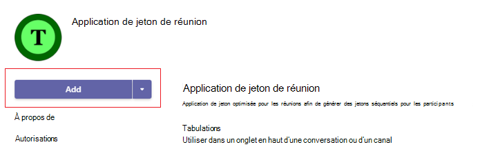 Capture d’écran de la boîte de dialogue détails de l’application pour ajouter l’application de jeton de réunion.