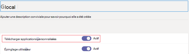 Capture d’écran du bouton bascule Charger des applications personnalisées activé est mis en surbrillance en rouge.