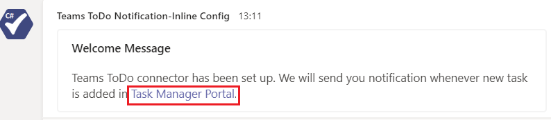 Capture d’écran de Teams ToDo Notification-Inline Config avec le portail du Gestionnaire des tâches mis en évidence en rouge.