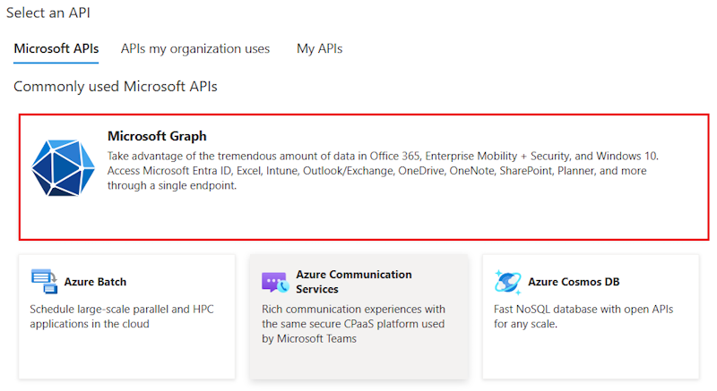 Capture d’écran montrant l’option permettant de sélectionner Microsoft Graph.